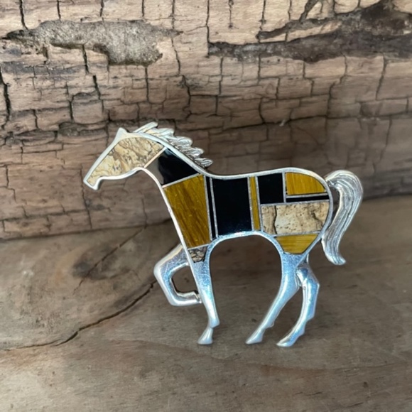 Zuni Inlay Horse Pin Brooch Tiger Eye, Onyx, Jasper, Sterling Silver - Picture 6 of 13